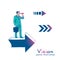 Businessman standing on arrow with telescope in hand. Vision business concept.