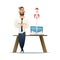 Businessman standing by the desk with a laptop, a rocket is starting from the laptop. Business startup concept