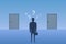 Businessman standing in front of closed doors and choosing in which door to enter. Concept of choice the best way in business.