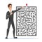 Businessman standing in front of a maze with red arrow showing