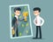 Businessman standing in front of mirror and see himself being successful. Vector business concept