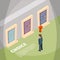 Businessman standing front of three closed doors and have a choice. Isometric concept pictures