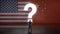 Businessman standing in front of a wall with a questionmark and the flags of the usa and china