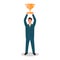 Businessman standing and holding winner golden cup over his head, business challenge and success vector