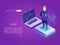 Businessman is standing on the luminous button.Isometric concept of IT technology,server management.Web header template.