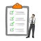Businessman standing near big complete checklist with green tick marks vector illustration with black lines isolated on white