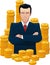 Businessman standing proud surrounded by golden coins