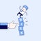 Businessman standing on shaky risk blocks by hand of manager. Cartoon character thin line style vector.