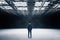 Businessman standing in showroom with metal structure on ceiling