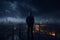 A businessman stands on a balcony in a moonlit night looking towards the horizon, with a storm coming in