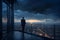 A businessman stands on a balcony in a moonlit night looking towards the horizon, with a storm coming in