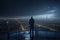 A businessman stands on a balcony in a moonlit night looking towards the horizon, with a storm coming in