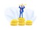 Businessman Stands on Coins Stack Holding Up Arrow