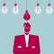 Businessman stands, five light bulbs on top of businessman.