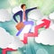 businessman stands on growing up Arrow and points forward in direction of movement among white paper clouds on beautiful spring