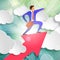 businessman stands on growing up Arrow and points forward in direction of movement among white paper clouds on beautiful spring