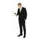 Businessman stands and holds mobile phone