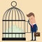 Businessman stands near the cage with money. Vector illustration