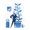 Businessman stands near pot and holds money tree. Male investor grows profit plant with dollar coins. Venture fund and investment