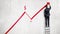 A businessman stands on a step ladder and draws a red statistic arrow moving up with a dollar sign.
