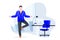 Businessman stands in tree pose vrksasana. Office yoga break. Vector character illustration. Relaxing time at work