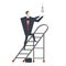 Businessman on stepladder is changing light bulb. Boss on sliding portable staircase. Vector illustration