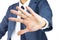 Businessman Stop Sign Hand Gesture on Tilt View Isolated on Whit