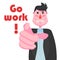 A businessman with a strong-willed chin and a smile points with his finger and says Go work