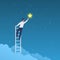 Businessman success. Man on ladder reaches stars on sky. Achieve goal and dream, leadership, opportunity and business