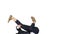 Businessman in suit does break dance moves on white background.