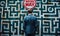 Businessman in a suit facing a Wrong Way sign at the entrance of a large complex maze, representing challenge, decision