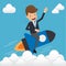 Businessman in Suit Flying on a Rocket. Concept Business Vector Illustration Flat Style.