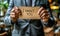 Businessman in a suit offering a personal message on a card, recruitment concept, selective focus, I WANT YOU written text