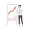 Businessman in a suit pointing at a whiteboard with growth graph at a presentation, successful business character at