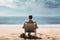 Businessman in suit sitting on the sand on the beach looking at the sea.