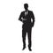 Businessman in suit standing with one hand in pocket. Isolated vector silhouette, front view. Business people