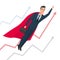 Businessman in a suit superhero flies up above line chart.