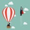 Businessman superhero fly pass Businessman in hot air balloon