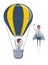 Businessman superhero fly pass Businessman in hot air balloon. Business competition concept