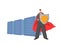 Businessman in superhero red cape holding a shield in front of servers. Data protector. Cartoon character. Vector