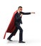 A businessman in a superhero red cape and a mask standing in side view in punch position on white background.