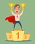 Businessman superhero standing on the winning podium and holding winner cup.