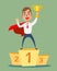 Businessman superhero standing on the winning podium and holding winner cup.