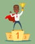 Businessman superhero standing on the winning podium and holding winner cup.