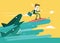 Businessman surfing to escape the shark attack.