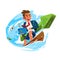 Businessman surfing and working on wave with green positive graph. successful business or working concept - vector