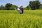 Businessman surveying land for industrial project.Selective focus at hand.