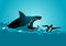 Businessman swimming panicly avoiding shark attacks