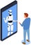 Businessman talks to robot in smartphone chat. Chatting bot helping human with working tasks