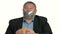 Businessman with taped mouth can not eating junk food.